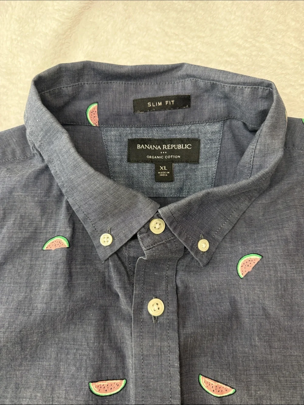 🍉Banana Republic Blue Short-Sleeve Button-Down Shirt with Watermelon Print